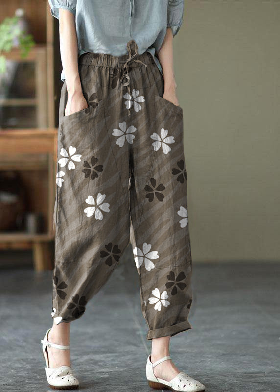 Art Khaki Tie Waist Pockets Summer Harem Pants Linen