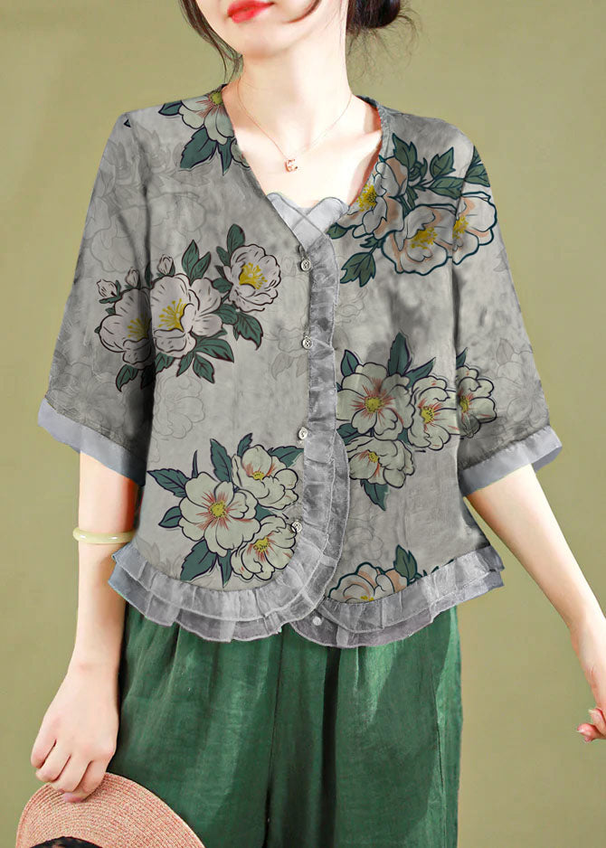 Fashion gray-floral Ruffled Button Patchwork Linen Blouse Top Summer