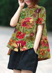 Grey-flower Print Patchwork Linen Top Button Stand Collar Summer