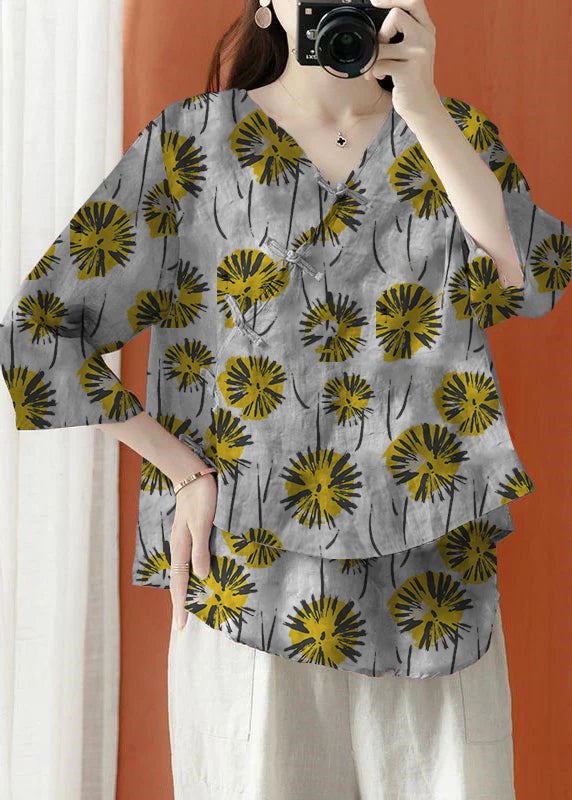 Beautiful grey Asymmetrical Print Linen Blouses Half Sleeve