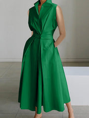 2024 Dark green Peter Pan Collar Pockets Cotton Dress Sleeveless