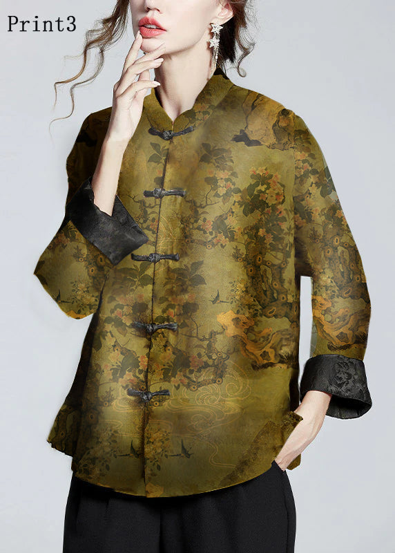 Chinese Style Print7 Stand Collar Button Print Silk Coats Long Sleeve