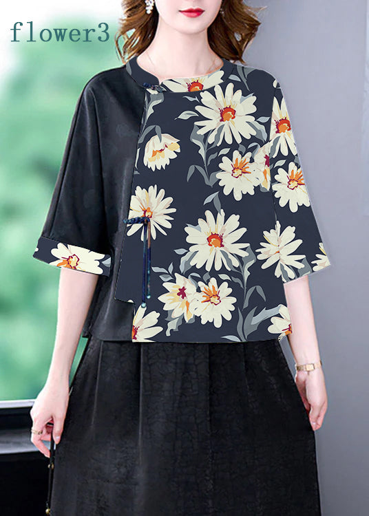 Flower4 O-Neck Print Patchwork Top Bracelet Sleeve