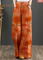 Orange-print2 Elastic Waist Linen Straight Pants Solid Color Drawstring Summer