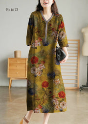 Grey Print7 Loose Linen Long Dresses Button Solid Half Sleeve