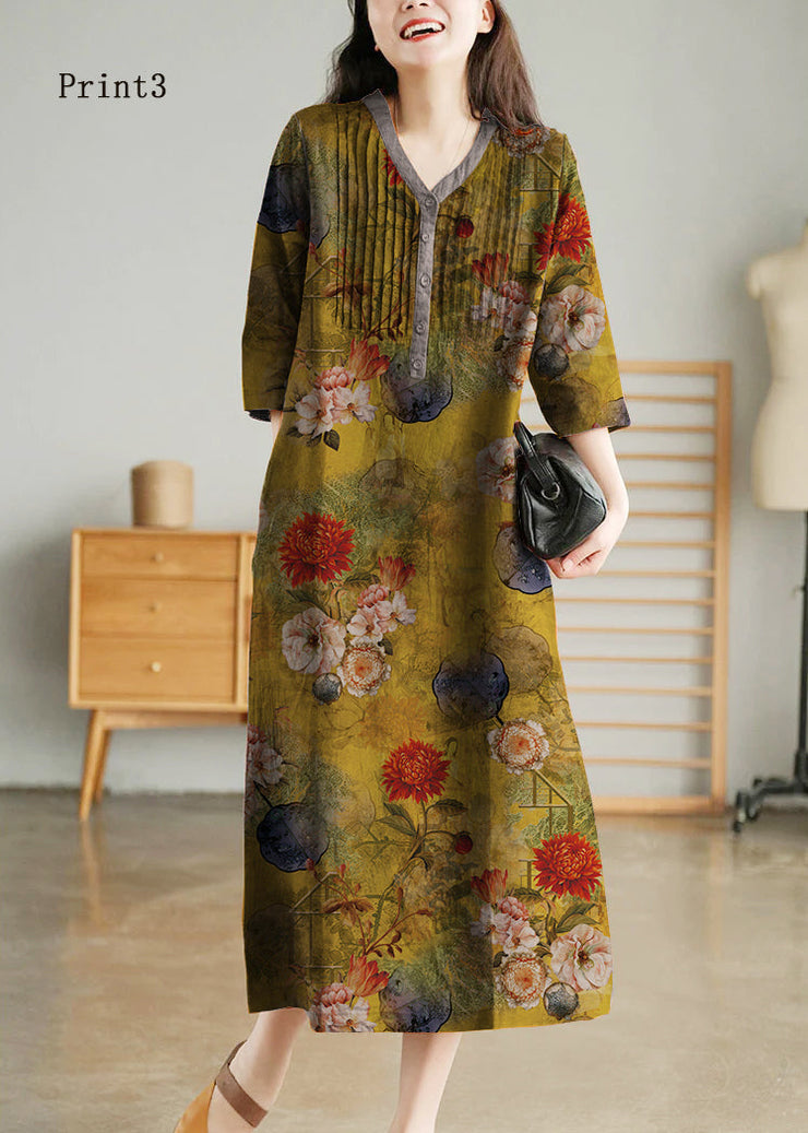 Grey Print7 Loose Linen Long Dresses Button Solid Half Sleeve