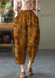 Natural Brown-Leaves Elastic Waist Summer Linen Harem Pants