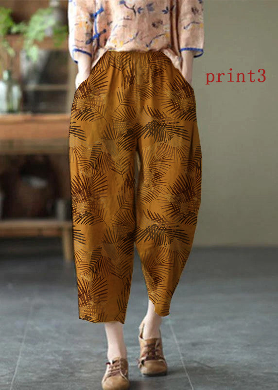 Natural Brown-brown flower Elastic Waist Summer Linen Harem Pants