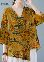 Yellow-Print2 Button Shirt Tops Asymmetrical Half Sleeve