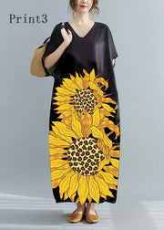 Loose Black-print2 V Neck Oversized Leaf Print Chiffon Long Dress Short Sleeve