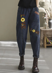 Natural blue-blue love elastic waist Pockets denim Pants Spring