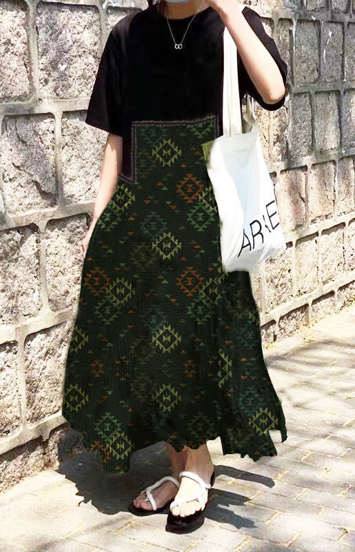 Fashion green print O-Neck Asymmetrical Plaid mosaic dress