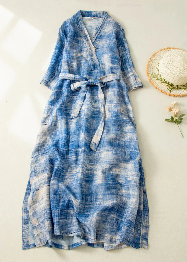 Grace Blue Tie Dye Side Open Tie Waist Linen Long Dresses Summer