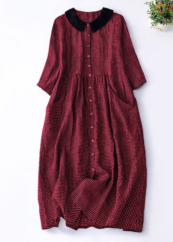 Organic Red Plaid Peter Pan Collar Patchwork Linen Dresses Summer