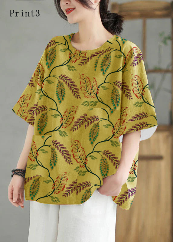 Women Print3  O Neck Print Patchwork Linen T Shirt Top Summer