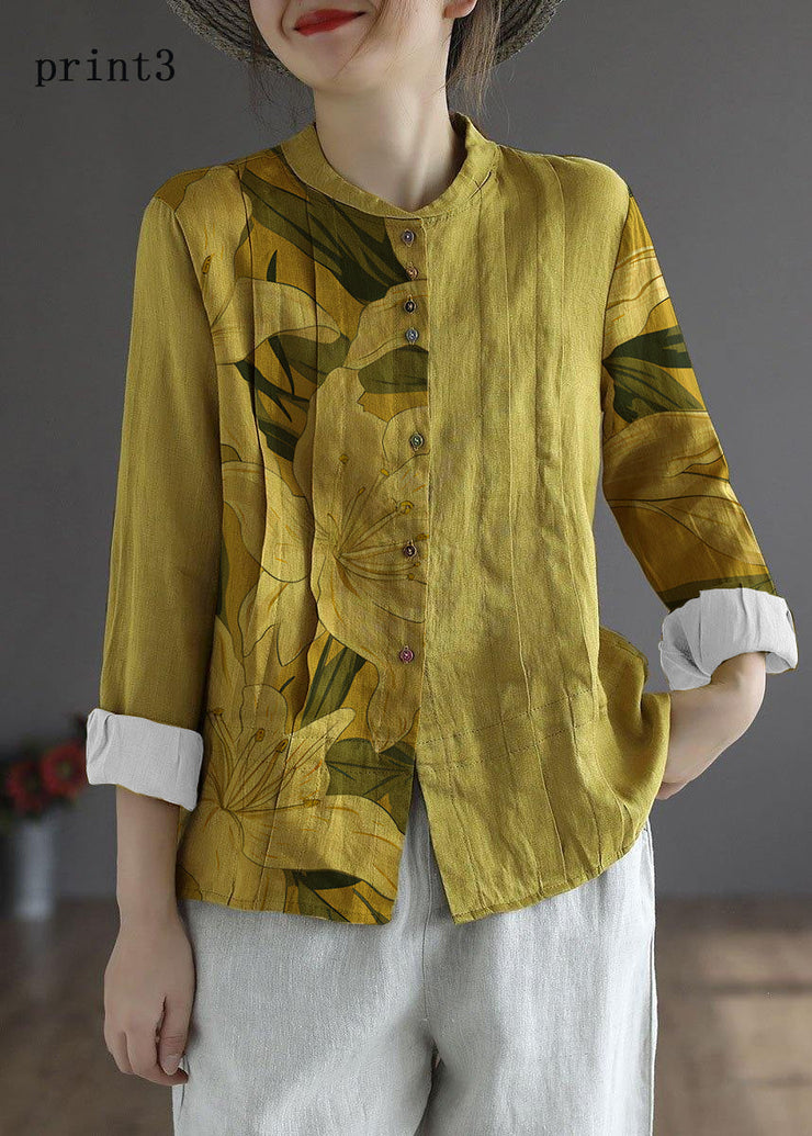 Women Yellow-striped patterns Elegant Button Fall Top Long Sleeve Linen