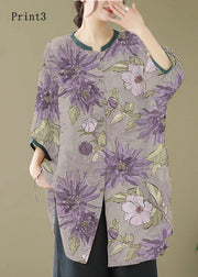 Print4 Linen Shirt Dresses O-Neck Oversized Lantern Sleeve