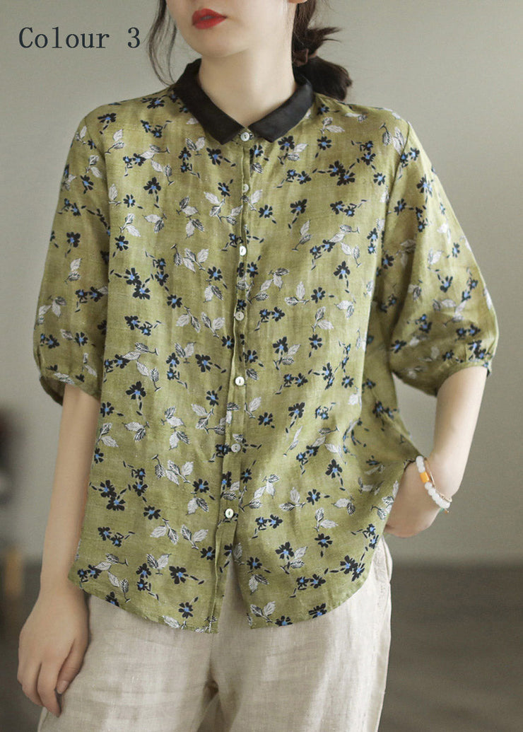 Fashion Colour 1 Peter Pan Collar Print Button Linen Shirt Half Sleeve