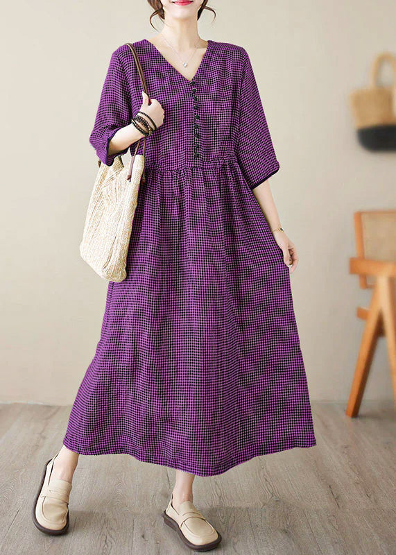 Chic V Neck Plaid Patchwork Button Linen Maxi Dresses Summer