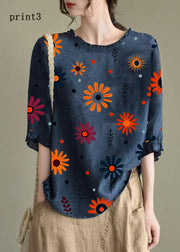 Handmade Navy-print4  lantern Sleeve O-Neck Embroideried Summer Ramie Blouses