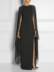 Elegant Thigh Split Hem Cloak Sleeve Maxi Dress