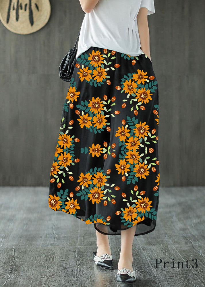 Handmade Black-Print3 Elastic Waist Retro Wide Leg Crop Pants