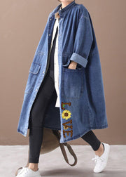 French Denim Blue Plus Size Box Coat Mantel mit Kordelzug und Stehkragen