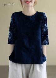 French Print3 O-Neck Embroideried Cotton Blouses Half Sleeve