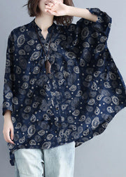 Plus Size Black-flower Stand Collar Oversized Print Chiffon Top Batwing Sleeve