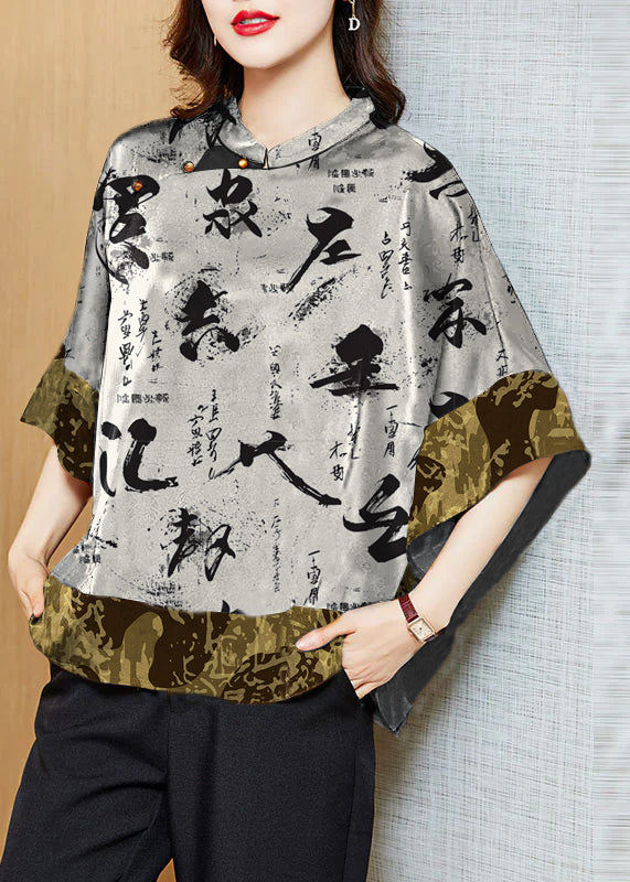 Vintage Black Mandarin Collar Asymmetrical Patchwork Jacquard Silk Shirts Batwing Sleeve