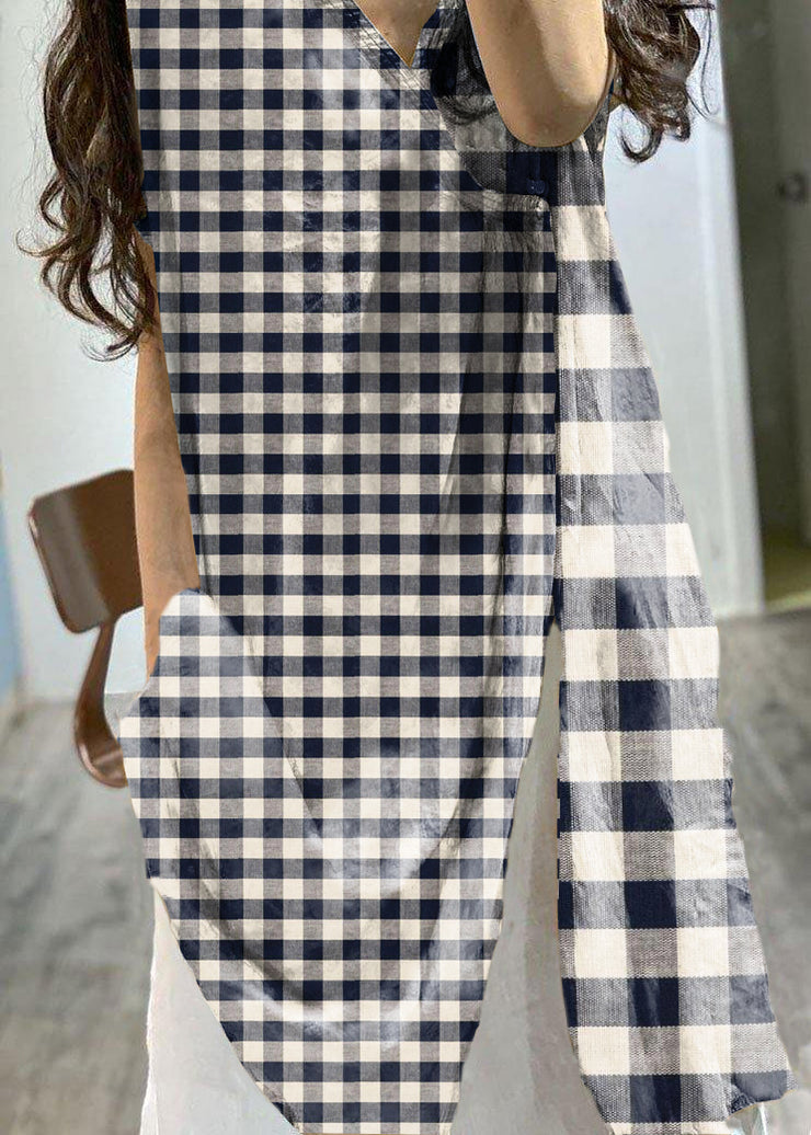 Simple v neck Black plaid linen clothes side open loose Dress