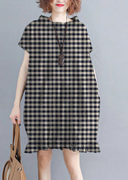 Natural Black plaid Stand Collar Ruffled Dot Print Holiday Dresses Short Sleeve