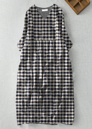 Modern Black plaid V Neck Print Wrinkled Linen A Line Dress Summer