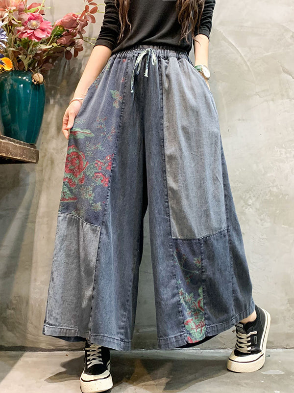 Color-Block Bandage Embroidered Wide Leg Denim Pants