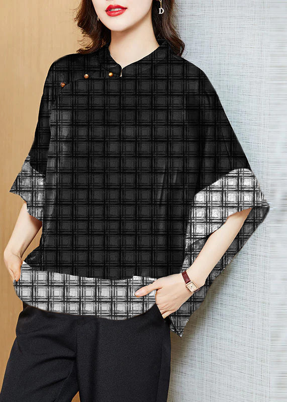 Vintage schwarze Stehkragen asymmetrische Patchwork Jacquard Seidenhemden Fledermausärmel