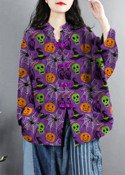 Chinese Style Black-ghost Print Pockets Button Patchwork Cotton Coats Long Sleeve