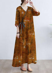 Simple  orange  Print V Neck Floral Summer Tie Waist Long Dresses Half Sleeve