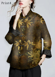 Chinese Style Text Stand Collar Button Print Silk Coats Long Sleeve