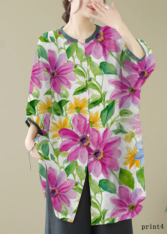 Khaki Print4 Linen Shirt Dresses O-Neck Oversized Lantern Sleeve