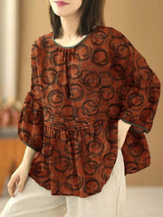 Handmade orange-flower O Neck Print Wrinkled Patchwork Cotton Top Summer