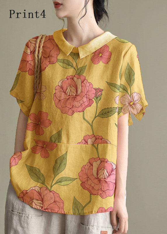 Simple Print2 Peter Pan Collar Patchwork Summer Linen Blouses