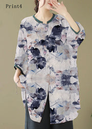 Print2 Linen Shirt Dresses O-Neck Oversized Lantern Sleeve