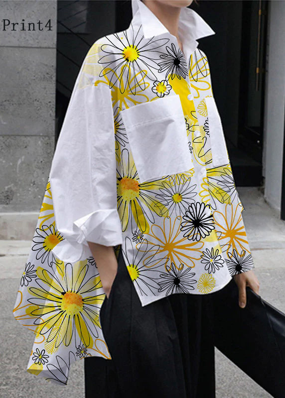 Natural Yellow flower Peter Pan Collar Low High Design Button Pockets Cotton Shirts Long Sleeve