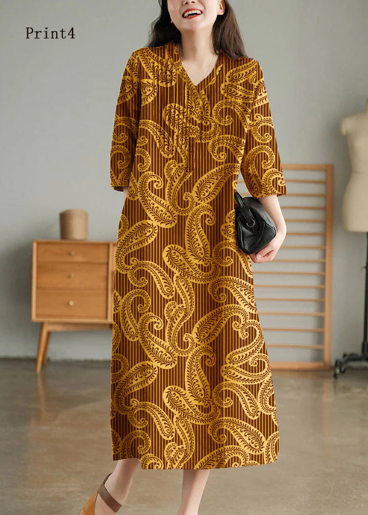 Print2 Loose Linen Long Dresses Button Solid Half Sleeve