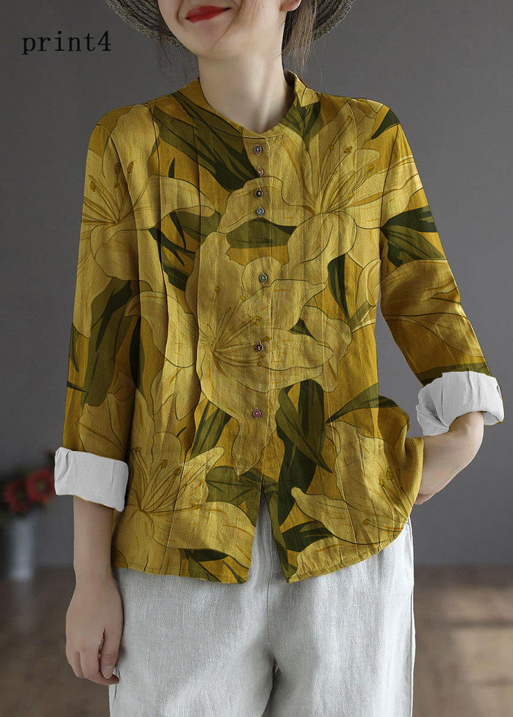 Women Yellow-floral2 Elegant Button Fall Top Long Sleeve Linen