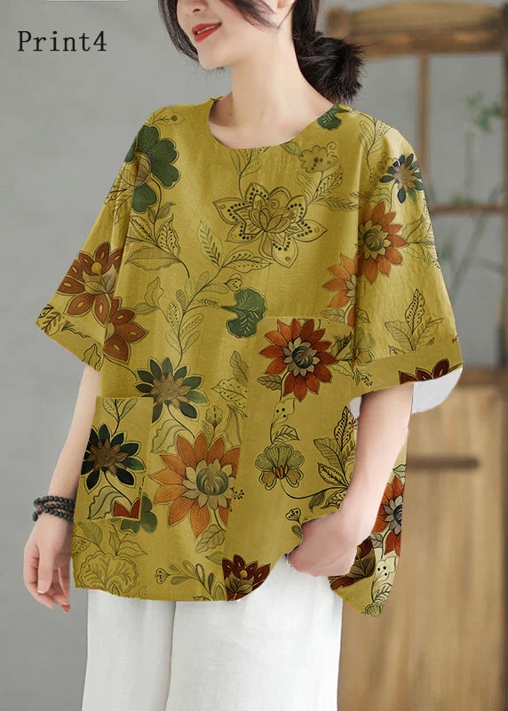 Women Print2  O Neck Print Patchwork Linen T Shirt Top Summer