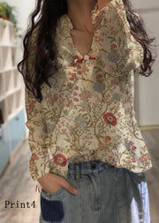 Bohemian white-Print3 linen Blouse v neck fall top