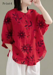 Art Red-print4 O-Neck Button Linen Loose Shirt Top Lantern Sleeve