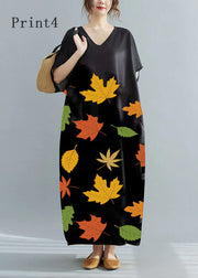 Loose Black-print4 V Neck Oversized Leaf Print Chiffon Long Dress Short Sleeve