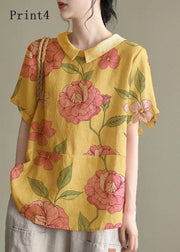 Simple Print1 Peter Pan Collar Patchwork Summer Linen Blouses